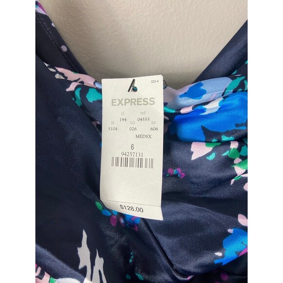 EXPRESS Dress Ruched Satin Navy Purple Floral Cocktail Dress 6 - Picture 2 of 9